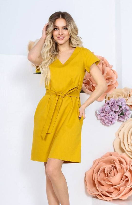 

Летнее платье лен горчичное 956 48