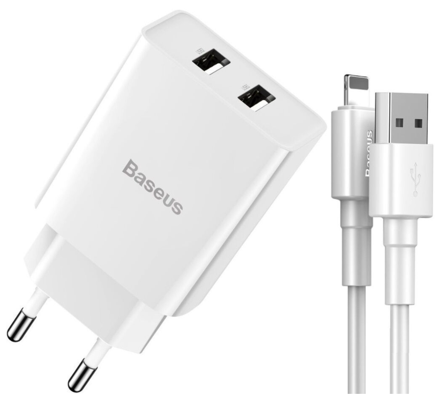 

Сетевое зарядное устройство Baseus Speed Dual Mini U Travel Charger 10.5 W 2 USB 2 A с кабелем Lightning White, Белый