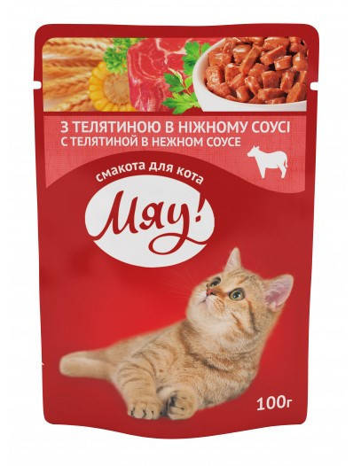 

Влажный Корм Мяу с телятиной в соусе для взрослых котов 100гх24шт