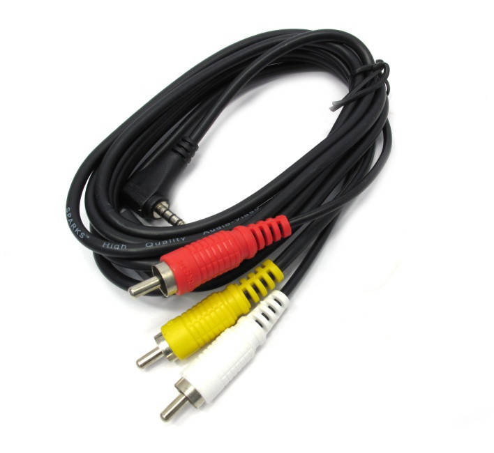 

Кабель стерео Jack 3.5мм (4pin) на 3 RCA (тюльпан), угловой, 1.8m