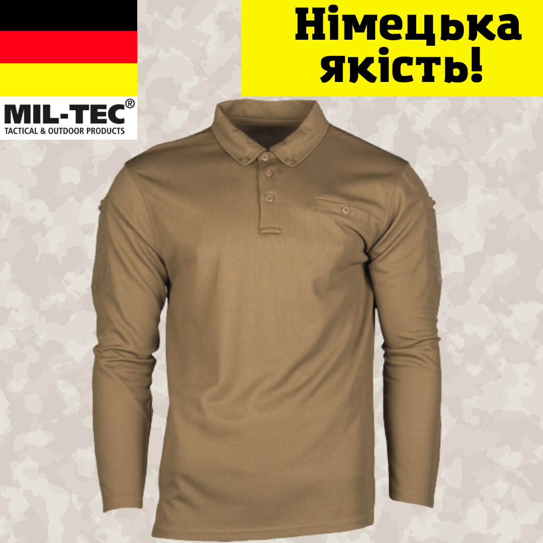 

Мужская летняя тактическая футболка-поло с длинным рукавом Mil Tec Quick dry койот, военная армейская футболка