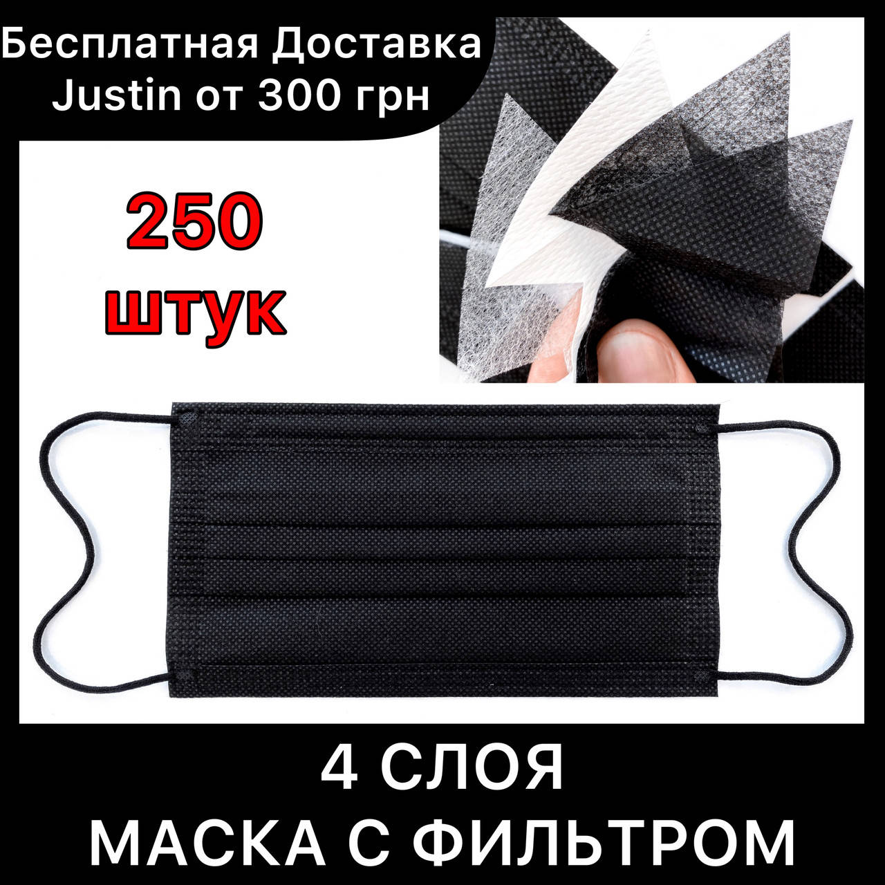 

Маски медицинские черные 4х слойные С ФИЛЬТРОМ, одноразовые маски для лица четырехслойные набор 250 шт, Черный
