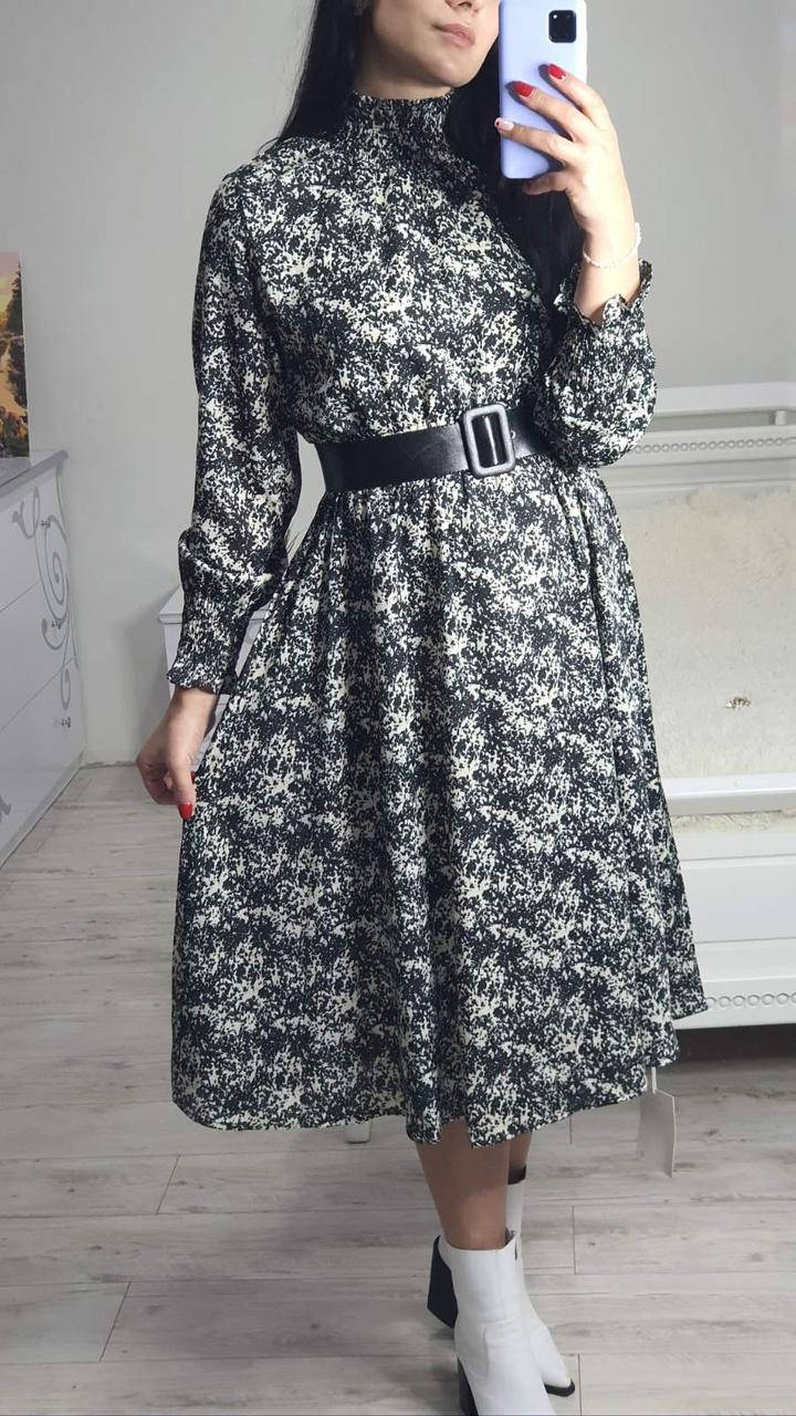 

Женское роскошное платье Турция с пышной юбкой ниже колена чёрное принтом цветы длинными рукавами