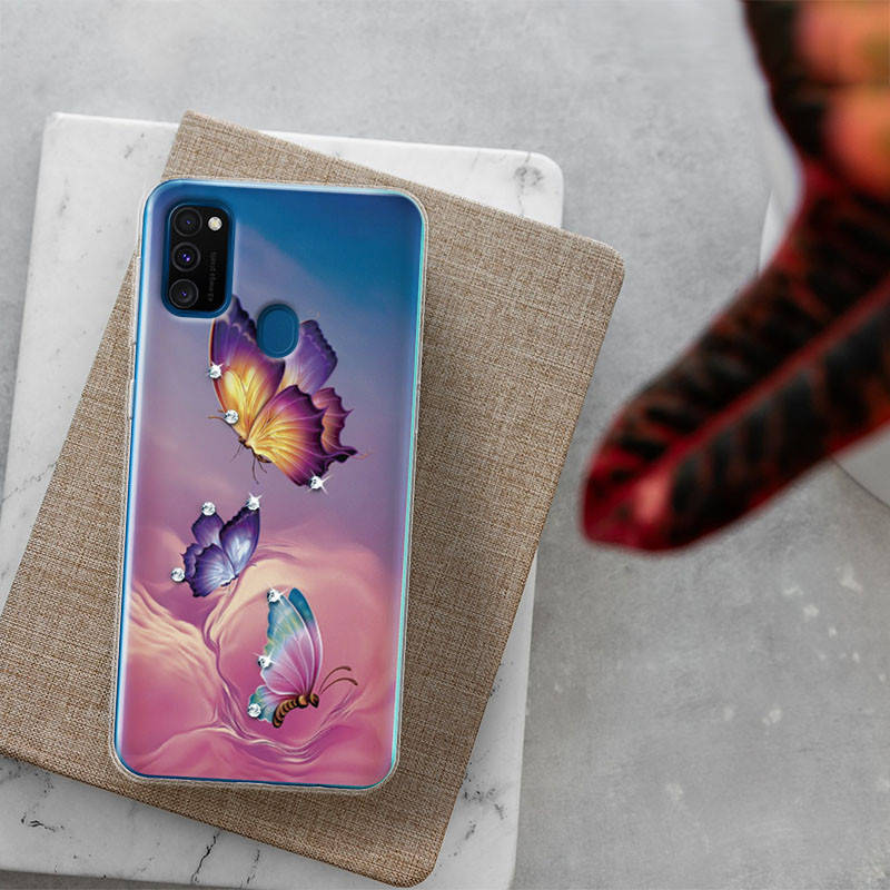 

Чехол Samsung Galaxy M21 Бабочки со стразами, Прозрачный
