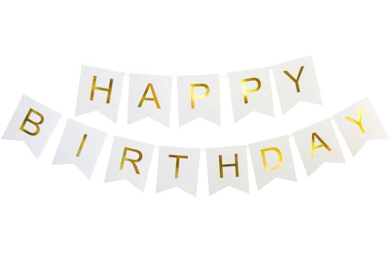

Гирлянда бумажная флажки Happy Birthday золото на белом