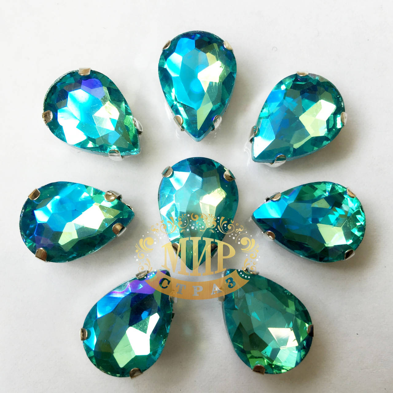 

Cтразы в цапах, Капля, Размер 10x14mm, Цвет Aquamarine AB