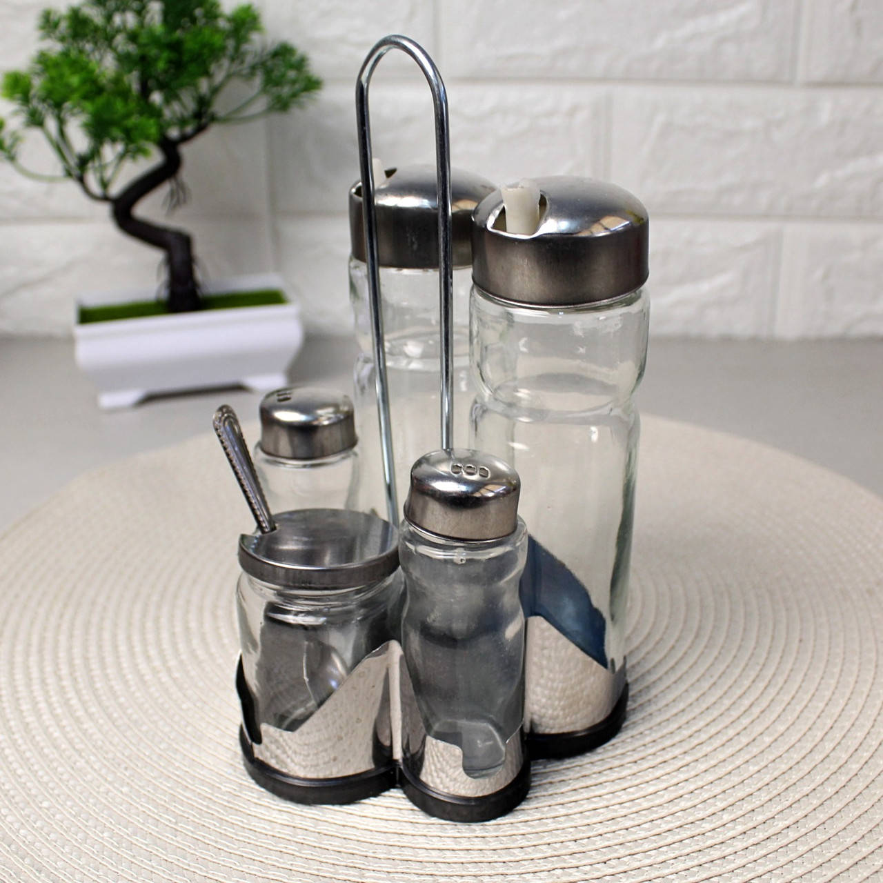 

Набор для специй перец + соль+ уксус+горчица+масло на пластиковой подставке HLS (6083), Прозрачный