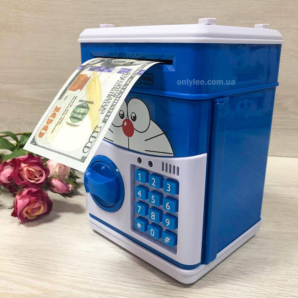 

Музыкальный детский сейф копилка "Синий кот" с кодовым замком и купюроприемником для денег бумажных и монет