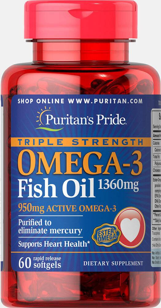 

Puritans Pride Triple Strength Omega-3 Fish Oil 1360 mg (950 mg Active Omega-3), 60 гелевых капс