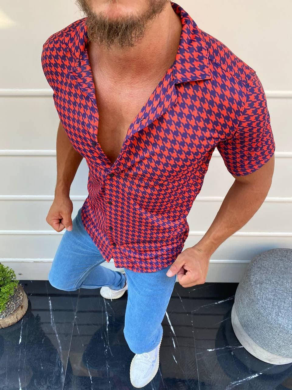 

Мужская стильная приталенная рубашка-тениска с коротким рукавом с узором XL, Красный