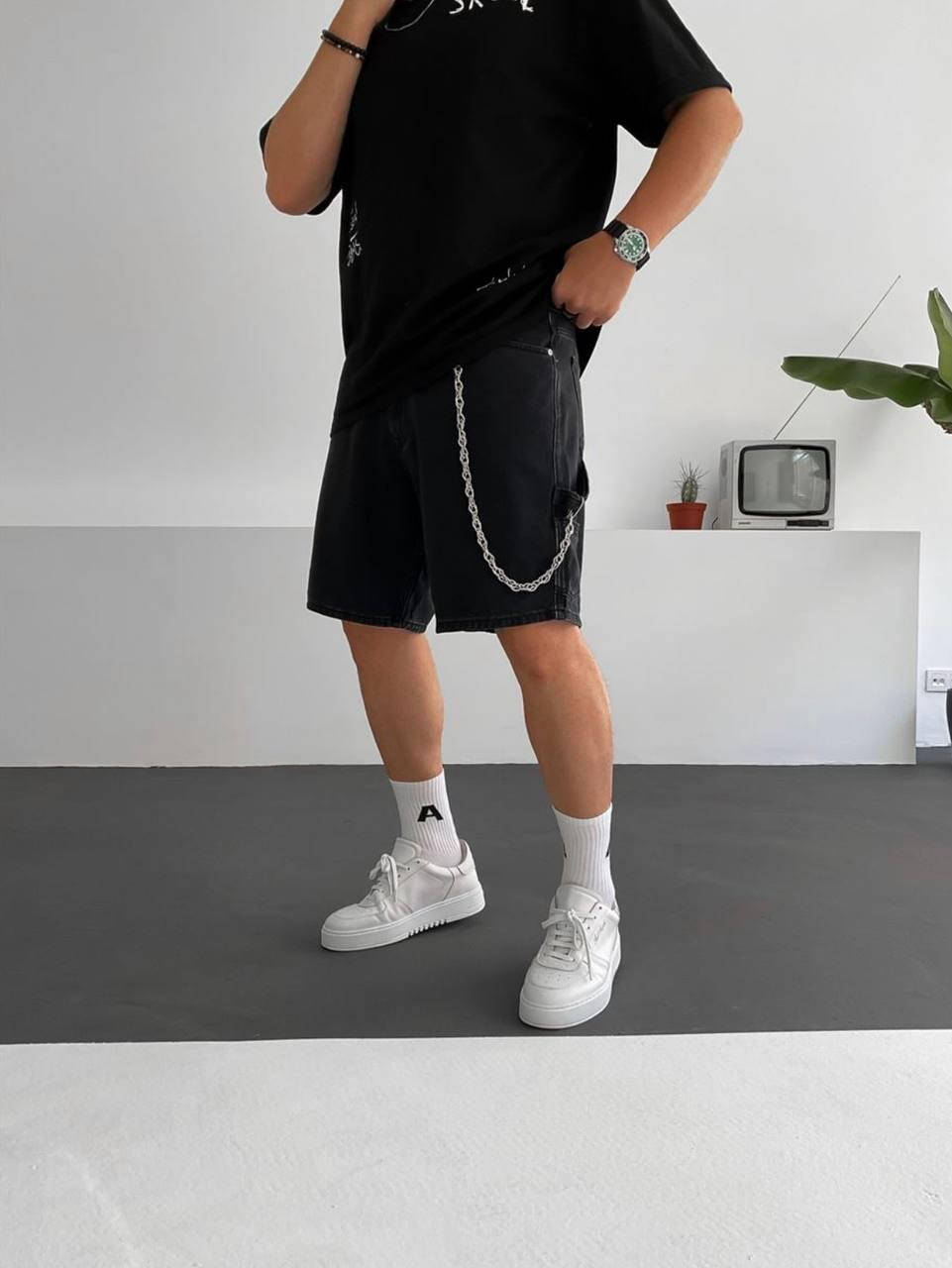 

Мужские джинсовые шорты черные с цепочкой в комплекте с боковой лямкой XXL, Черный