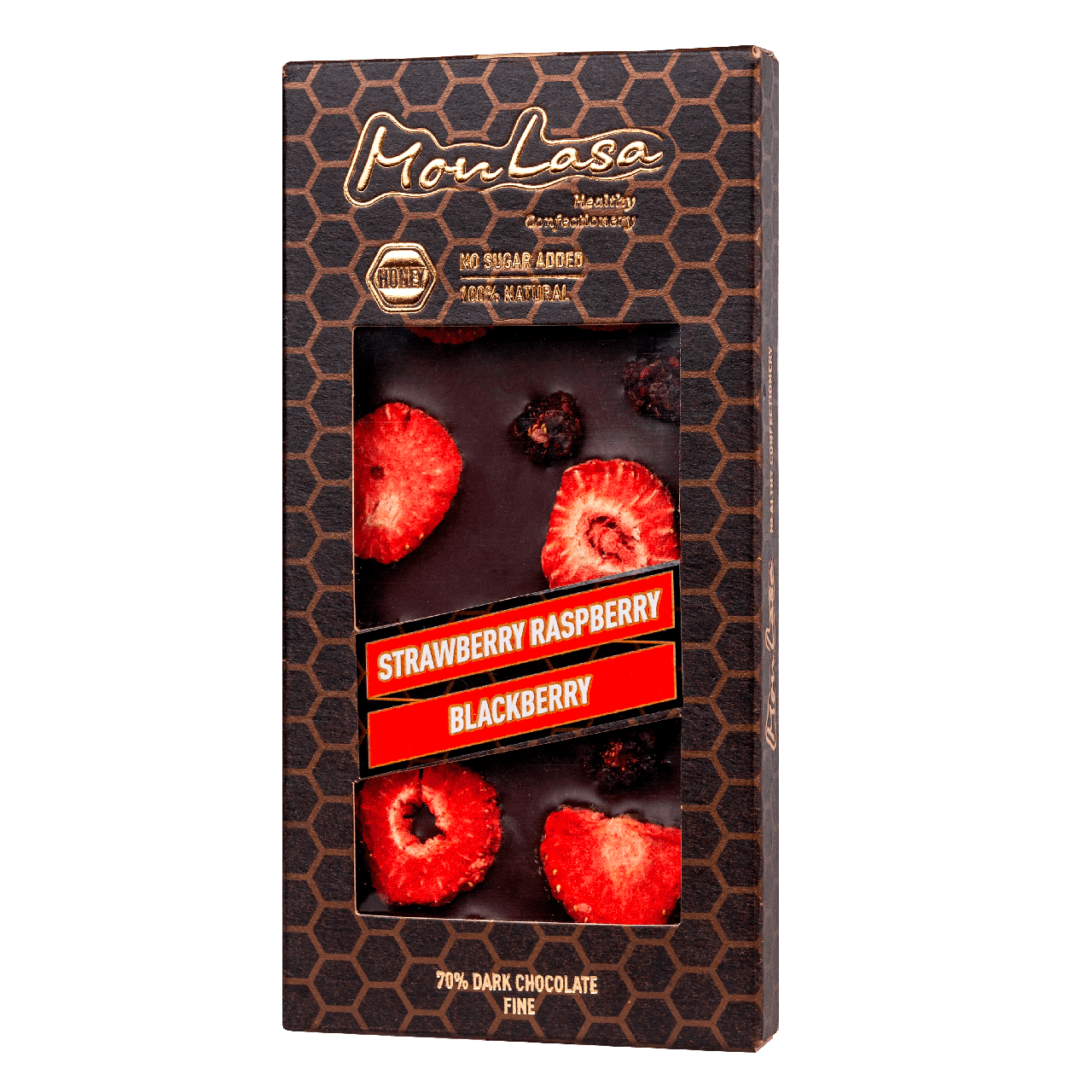 

Крафтовый шоколад MonLasa черный 70% с клубникой, малиной и ежевикой на меду 80 г