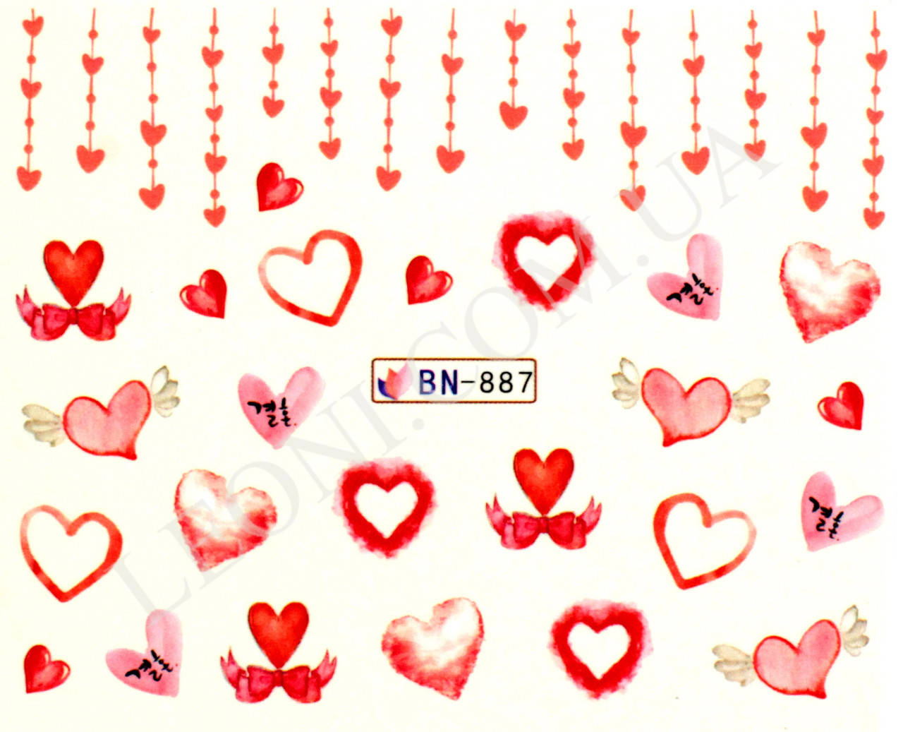

Водные наклейки для ногтей Сердца BN-887, Красный