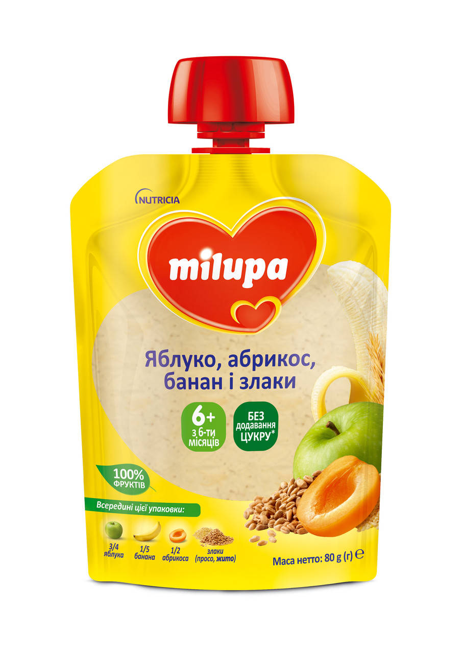 

Пюре Яблоко, абрикос, банан и злаки Milupa для детей от 6 мес, 80г пауч