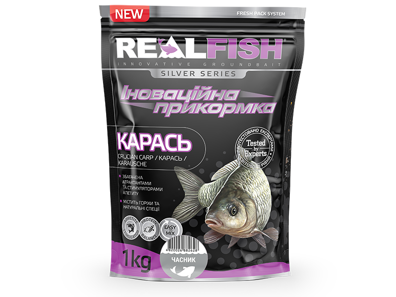 

Прикормка REALFISH 1кг Карась-часник (10шт в уп)