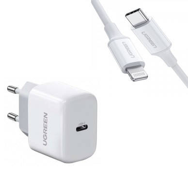 

Зарядное устройство Ugreen Quick charge 4.0 PD 3.0 20W + Кабель Ugreen MFi USB-C to Lightning 1M (CD241), Белый