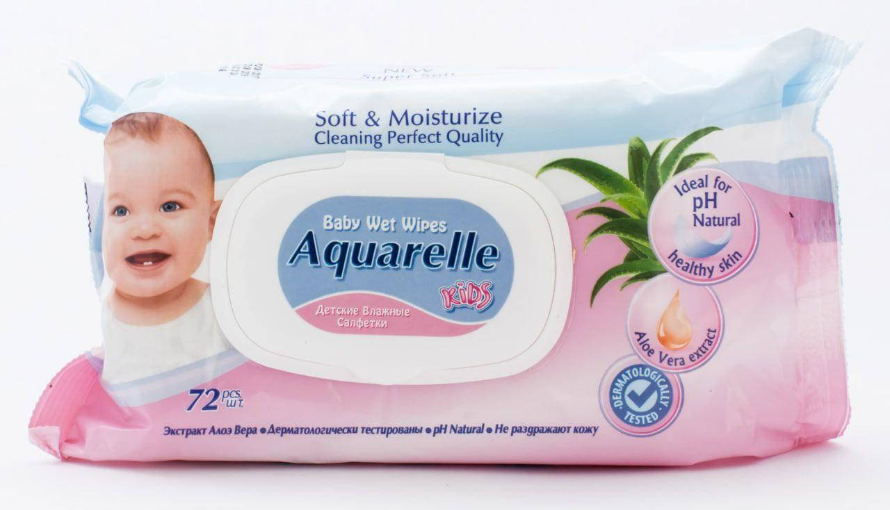 

Влажные салфетки детские 72шт с клапаном Aquarelle kids с экстрактом Алоэ