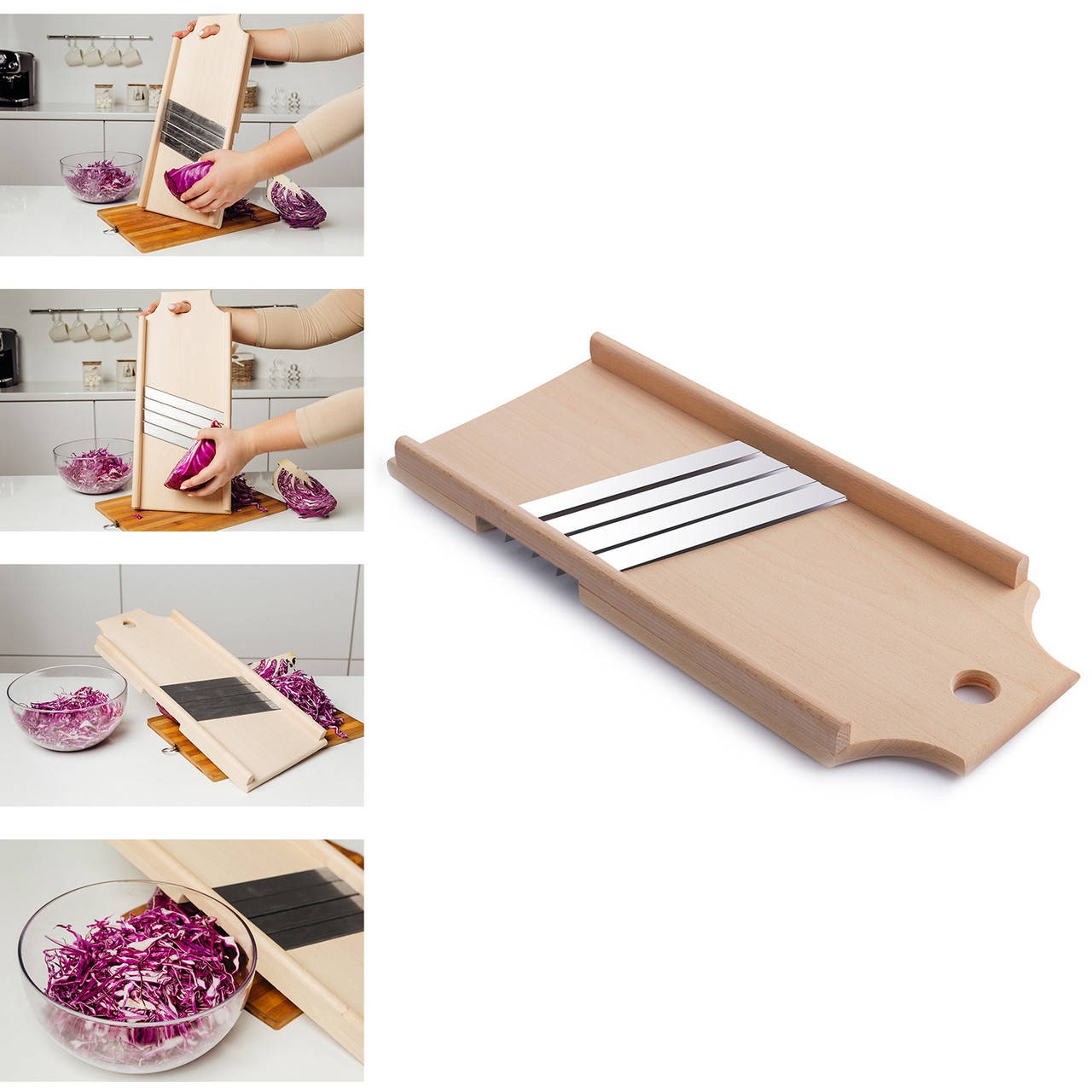 

Ручная деревянная шинковка для капусты и нарезки овощей и фруктов с 4 лезвиями Wood&Steel (20*50 см), Коричневый