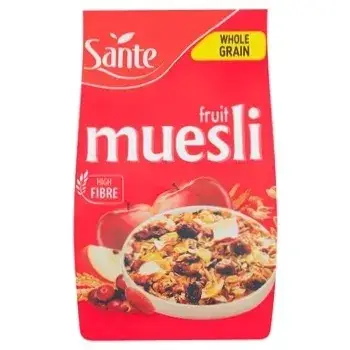 

Сухие завтраки мюсли цельнозерновые фруктовые Sante Muesli, 350г, с кусочками фруктов, кранчи