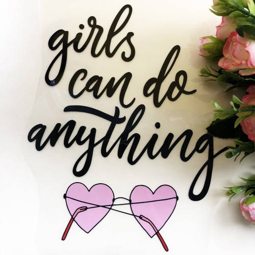 

Термоаппликация-накатка, наклейка на одежду "Girls can do anything" 18x21 см., Черный