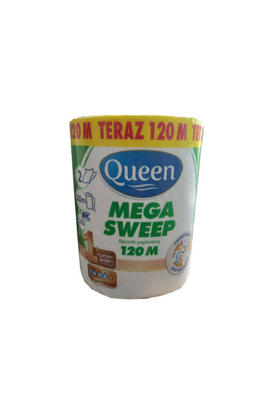 

Полотенца бумажные кухонные Queen Mega Sweep двухслойные, 120 м (1 рулон)