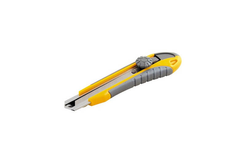 

Нож MASTERTOOL ЭРГО 18 мм ABS пластик TPR покрытие с металлической направляющей винтовой замок 3 лезвия