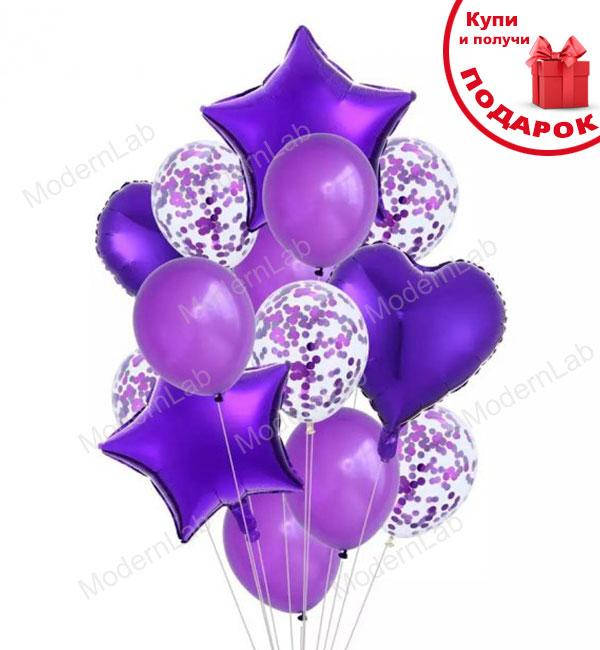

Воздушные шары "Purple", набор - 14 шт., цвет - золото, прозрачный + конфетти, Фиолетовый