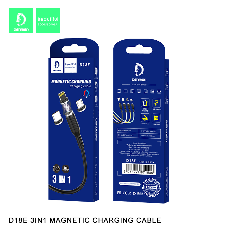 

Кабель магнитный USB 3 в 1 — Micro, Lightning, Type-C Denmen D18E, Черный