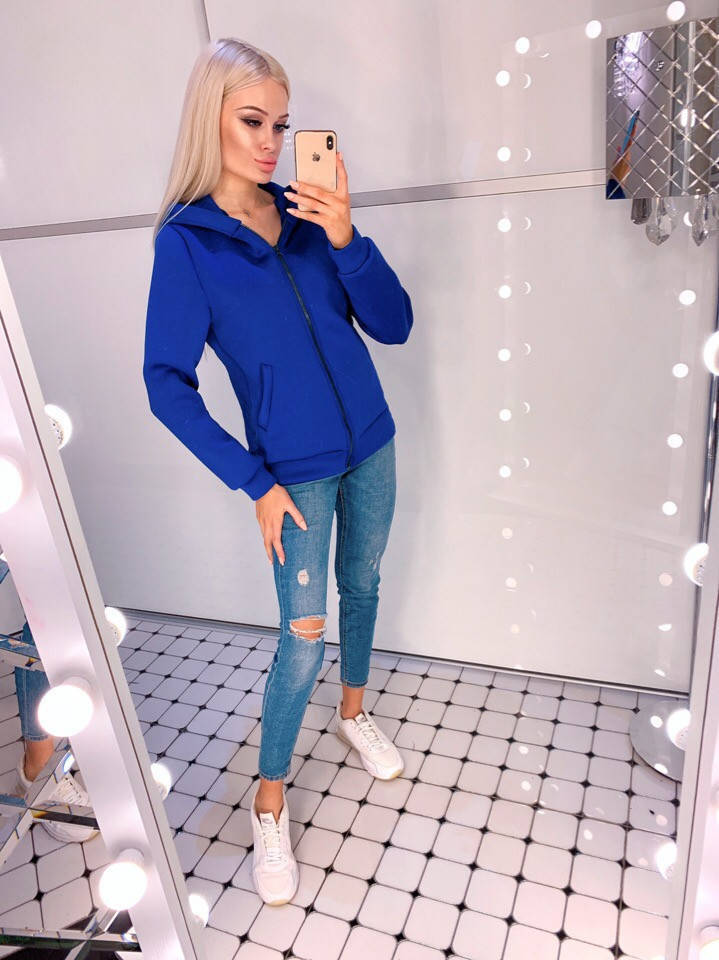 

Молодежная удобная женская неопреновая кофта куртка с капюшоном, на змейке, Синий