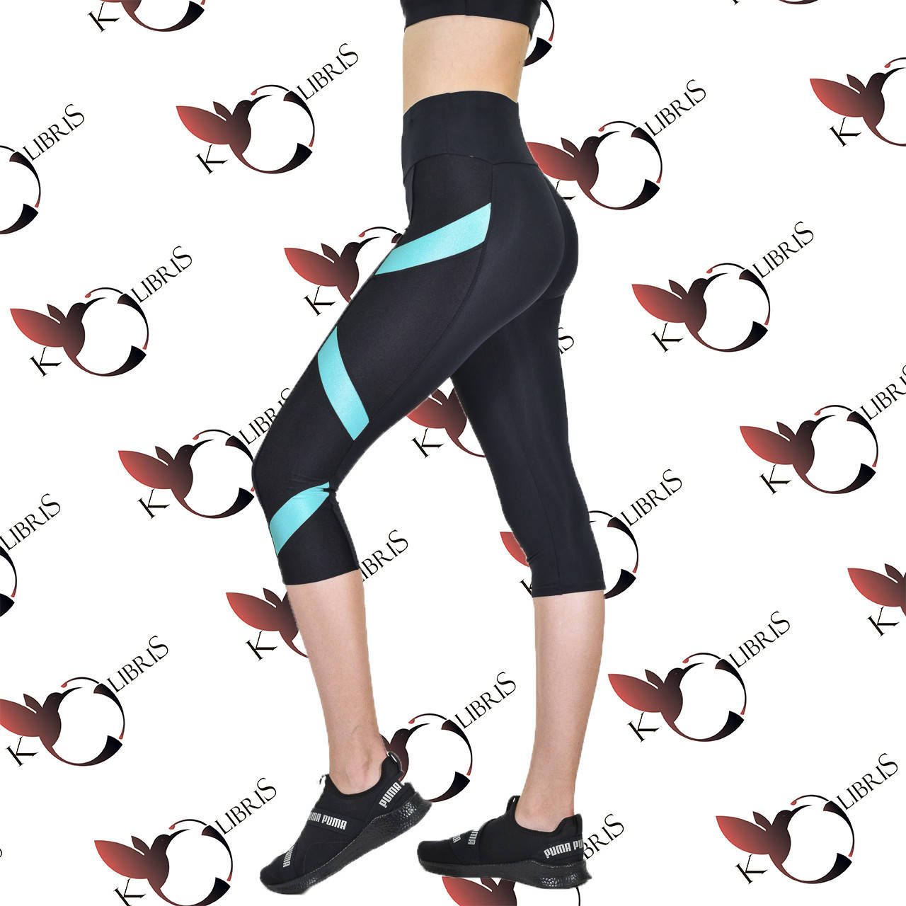 

Женские спортивные бриджи черные с бирюзовыми вставками, Черный