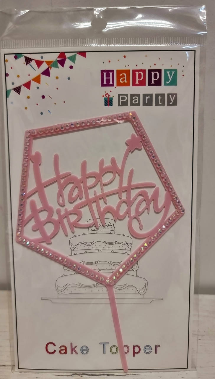

Топпер в торт акриловый "Happy Birhday" со стразами (пятигранник розовый)