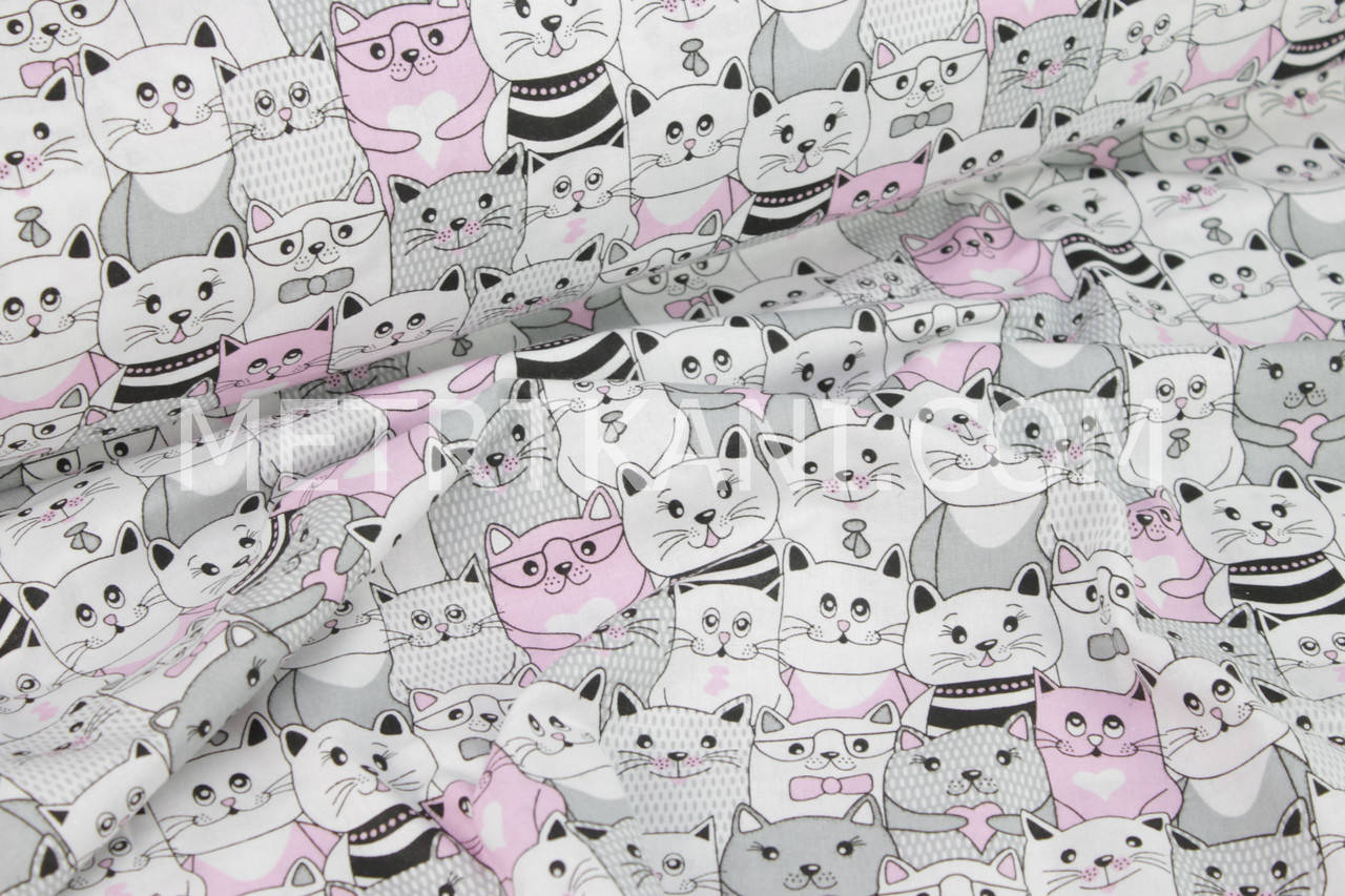 

Ткань бязь с розовыми и серыми котами №962, Розовый