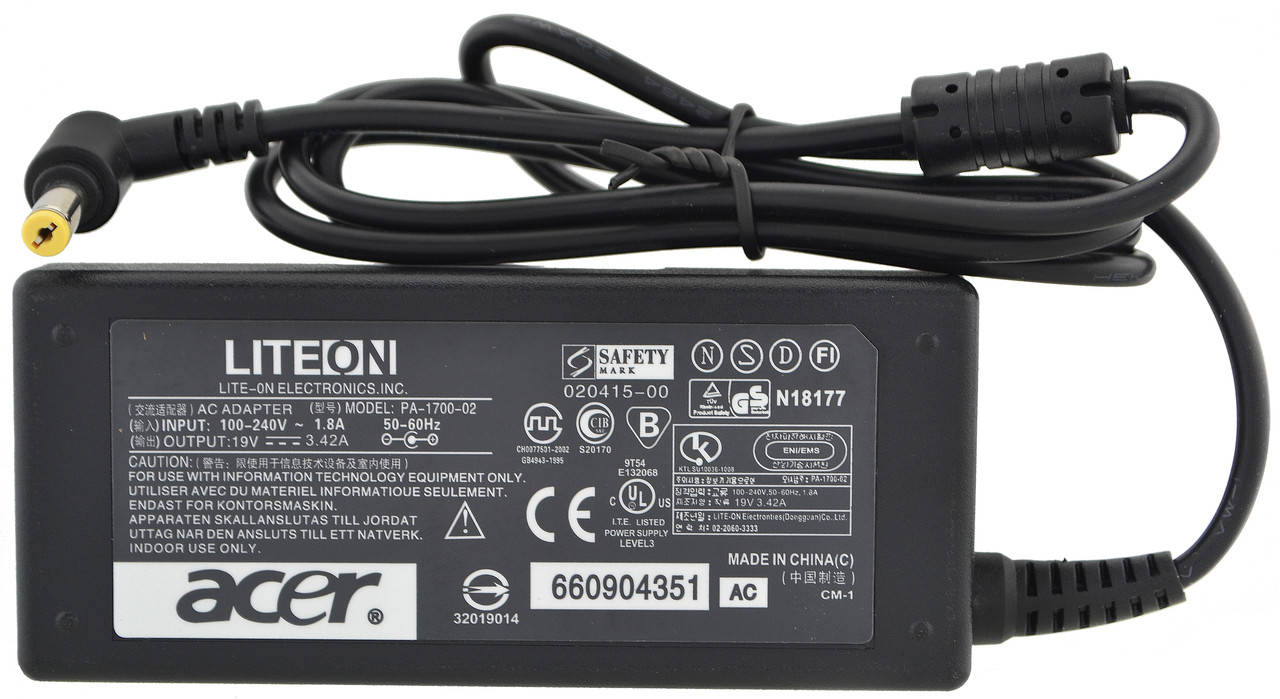 

Блок питания для ноутбука Acer 19V 3.42A 65W 5.5x1.7 мм + кабель питания (2092)