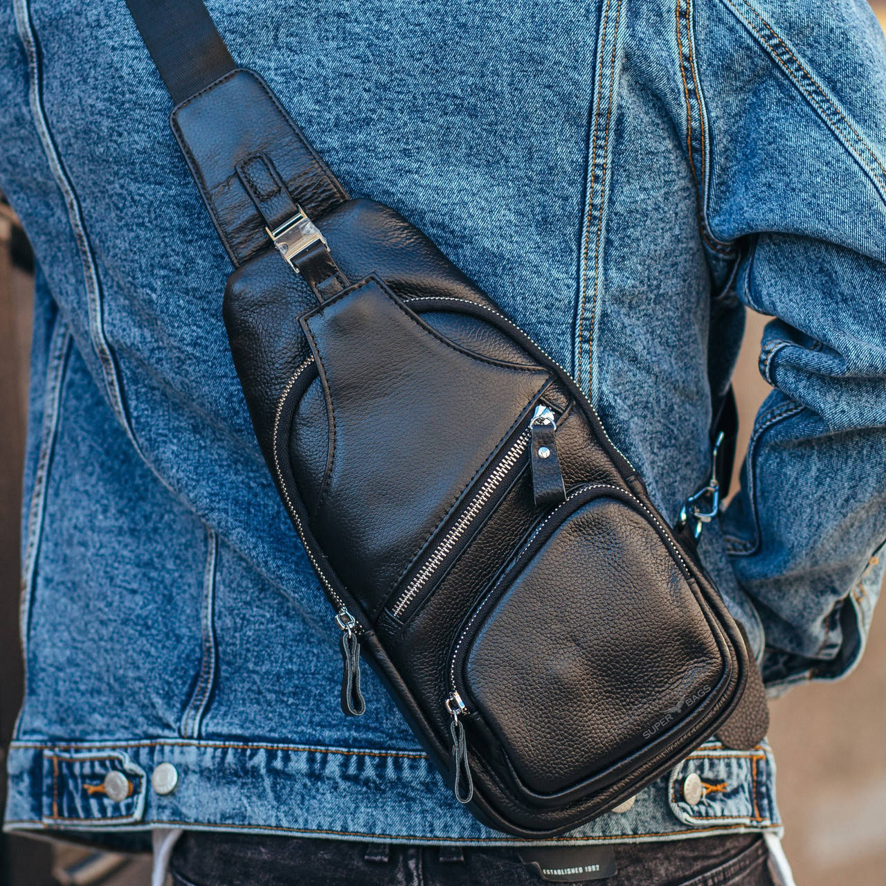 

Мужская сумка-слинг через плечо натуральная кожа Tiding Bag SM8-681A, Черный