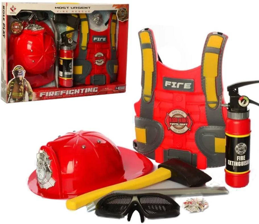 

Пожарник Набор детский, игровой, каска, жилет, топор, огнетушитель-брызгает водой F015C