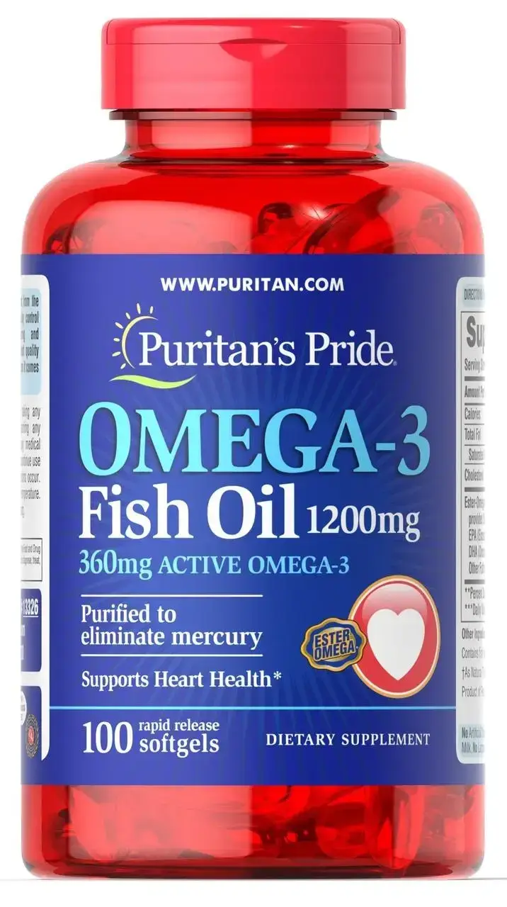 

Омега-3, рыбий жир, omega-3 fish oil, puritan's pride, 1200 мг, 360 мг активного, 100 капсул