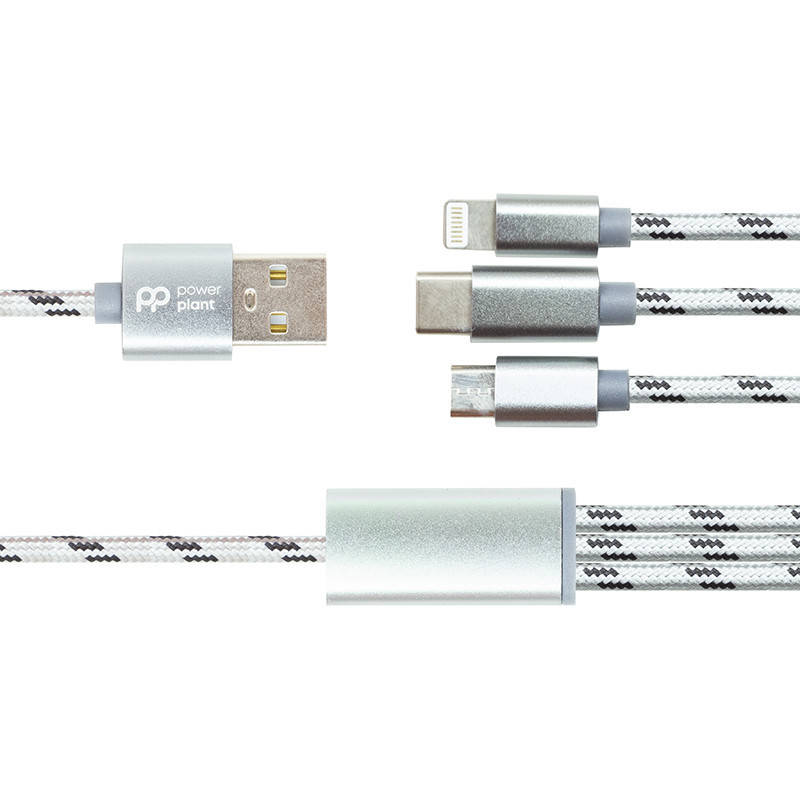 

Кабель PowerPlant 2.1A 3-в-1 USB AM - Type-C/Lightning/Micro, 1.2м, серый