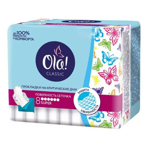 

Гігієнічні прокладки OLA! Classic Wings Singles Super сеточка, 6 капель, 8 шт