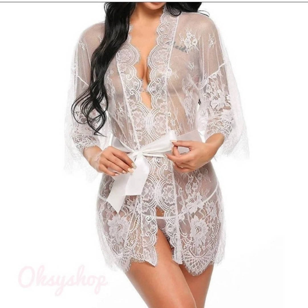 

Сексуальный кружевной халат короткий красный белый с поясом халатик прозрачный