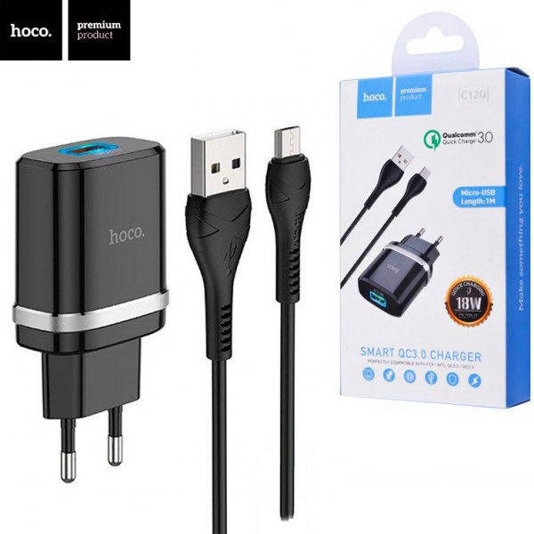 

Сетевое зарядное устройство Hoco C12Q Smart QC3.0 быстрая зарядка адаптер (1USB/3A/18W) + кабель Micro USB, Черный