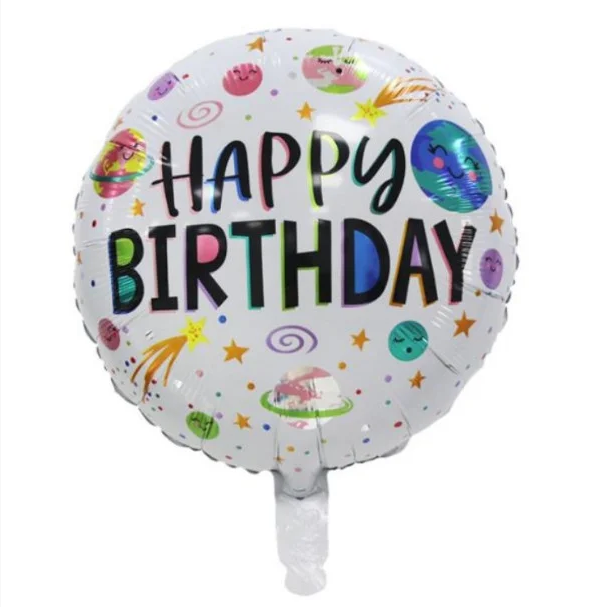 

Фольгированный круглый шар "Happy Birthday космос на белом фоне" (Китай), Разные цвета