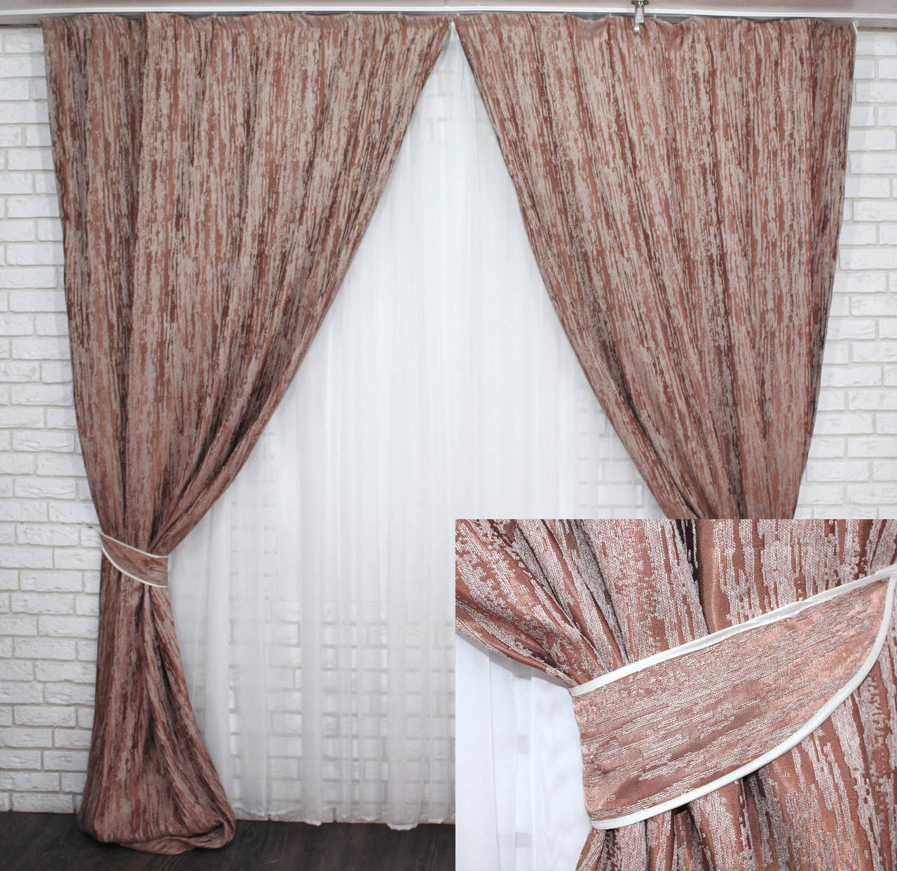 

Комплект готовых штор,коллекция блэкаут "Лён Короед", цвет светло-коричнивый код 487ш(А) .30-237