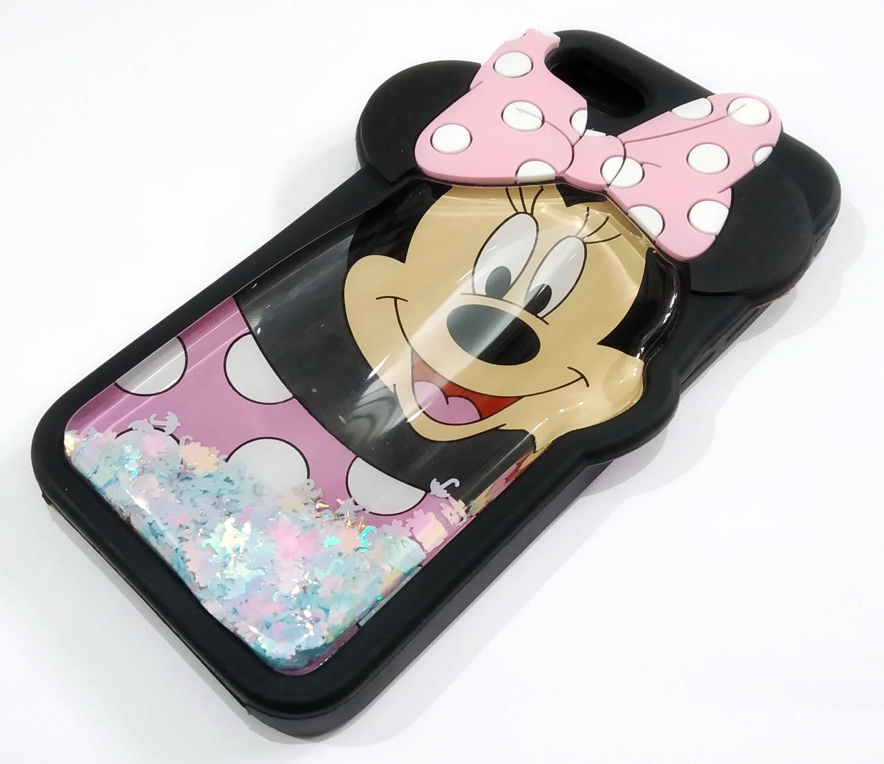 

Чехол детский для iPhone 7 силиконовый жидкость с блестками Минни черный