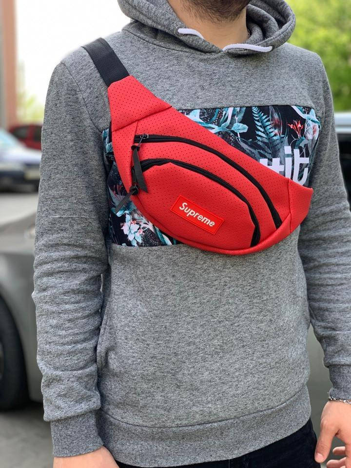 

Бананка Мужская | Женская красная Supreme поясная сумка суприм кожа яркая, Красный