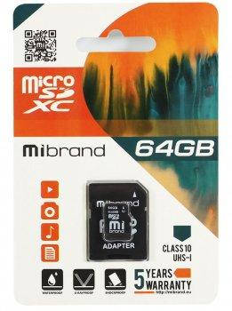 

Карта Памяти Mibrand MicroSDHC 64gb 10 Class & Adapter