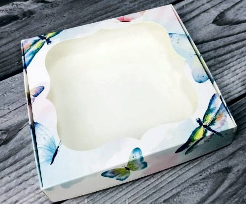 

Коробка для печива, пряників, з вікном, 15 см х 15 см х 3 см, мілований картон Акварель