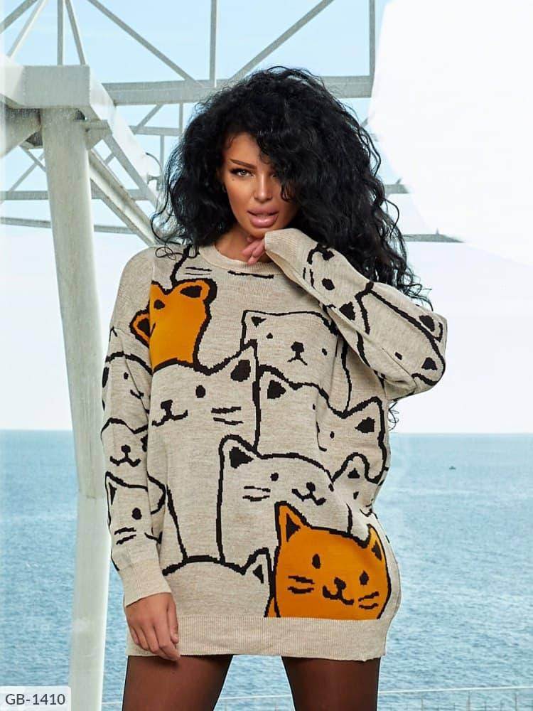 

Оригинальный женский свитер-туника oversize с котами, Турция