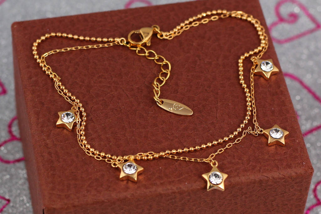 

Браслет Xuping Jewelry на ногу двойная цепочка с пятью звездами с камешками 24 см добавка цепи 3 см золотистый