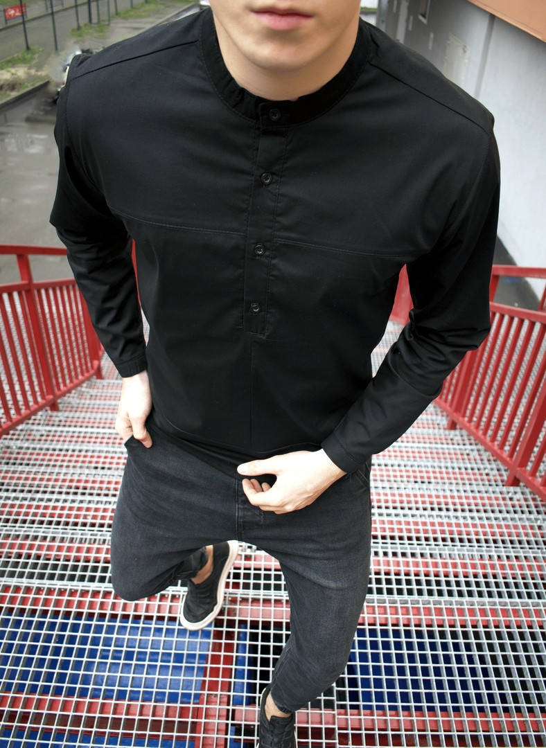 

Мужская рубашка хлопковая модная молодежная с длинным рукавом классика Турция черная. Живое фото, Черный