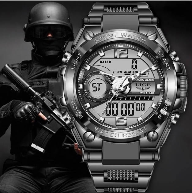 

Мужские тактические часы с секундомером и будильником Lige Sport Часы для военных